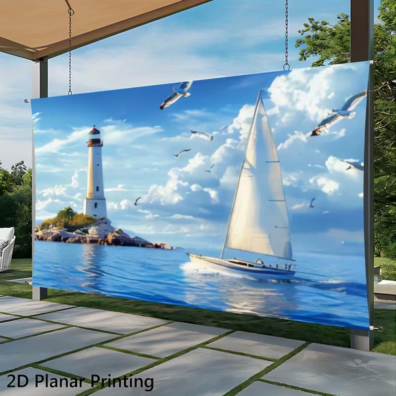2D Ocean Lighthouse Backdrop, Sailing Boat & Seagull Photography Background for Party