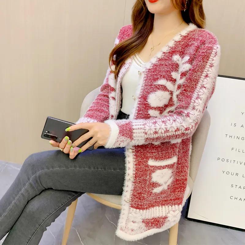 Women's Winter Mid-length Buttons Sexy Slim Imitation Mink Cardigan Sweater Female Knitted Sweater Tops