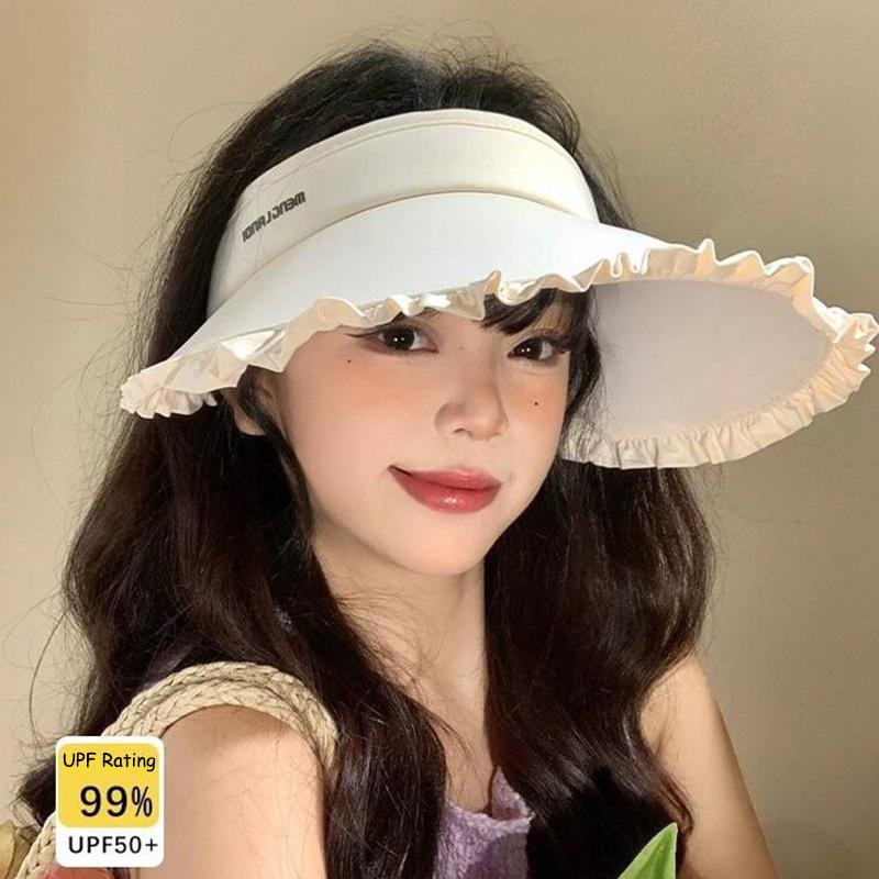 Sweetheart Ice Silk Wide-Brim Lace Sun Hat Breathable Open-Crown Visor With Uv Protection For Travel
