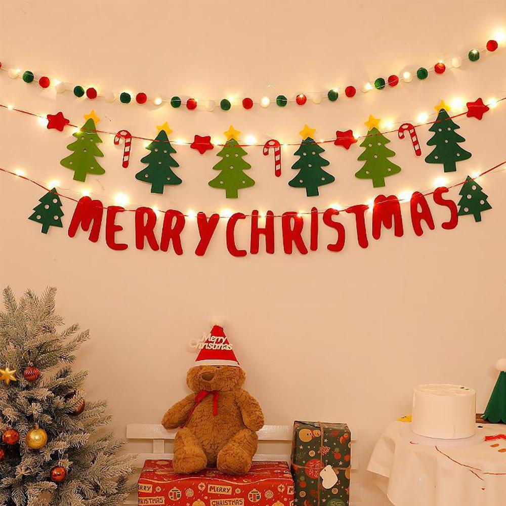 Christmas Party Furry Balls Flag Pendant with LED String Light DIY Handmade for Merry Christmas Holiday Decoration Xmas Pendant