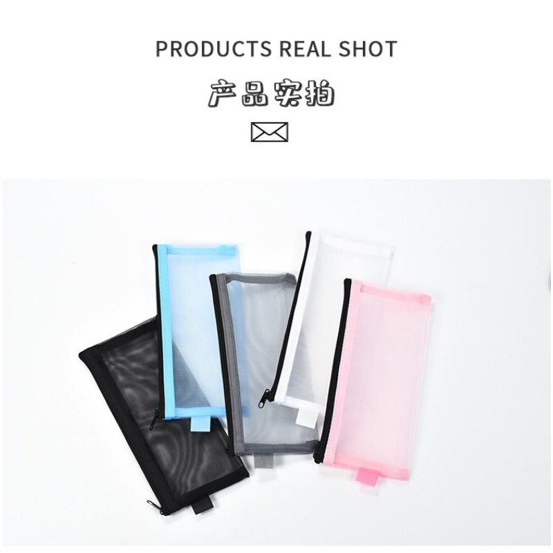 Korean Style Simple Transparent Mesh Portable Zipper Pencil Case Stationery Bag