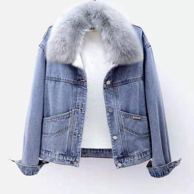 Women's Fleece Denim Jacket Autumn Winter Fur Collar Hooded Denim Jacket Female Loose Warm Short Jacket Coat