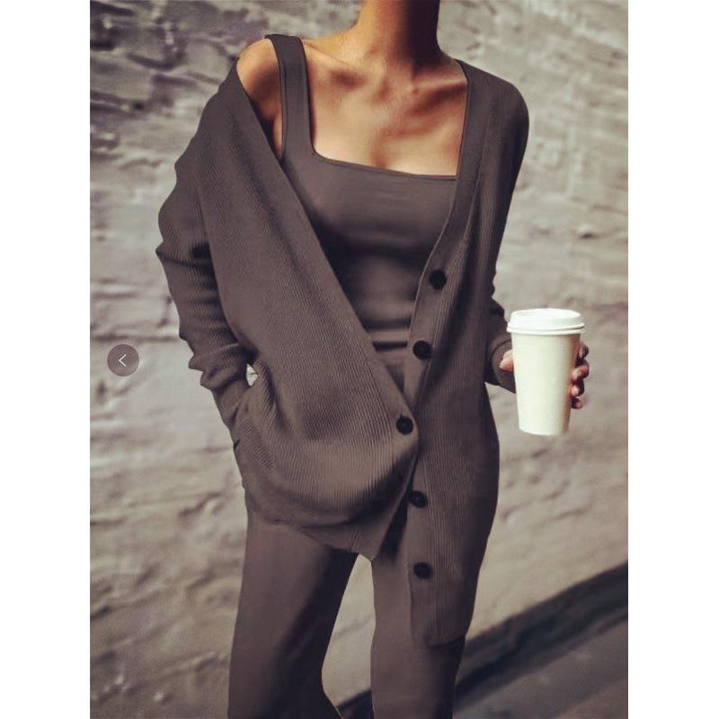 Women's Knitted Three-Piece Set - Cardigan, Vest, and Pants for Spring and Autumn 2022, European and American Style