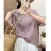 Chinesisches Sommer Baumwolle Leinen Bedruckter Damen Retro Lockerer Rundhals Pullover Kurzarm T-Shirt