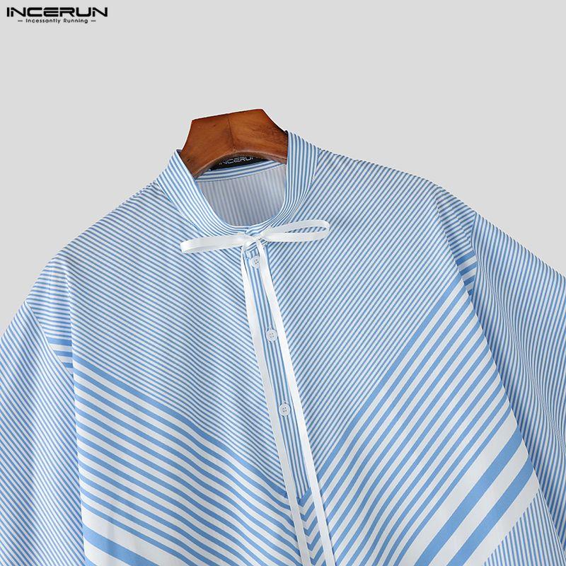 INCERUN 2 Stück Sommer Herren Kurzarm Gestreifte Nähte Hemden und Lange Hosen Übergroße Outfits Sets