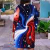 Women Plus Size V Neck Long Sleeve Red Blue Printed Fitted Straight Hem Dress