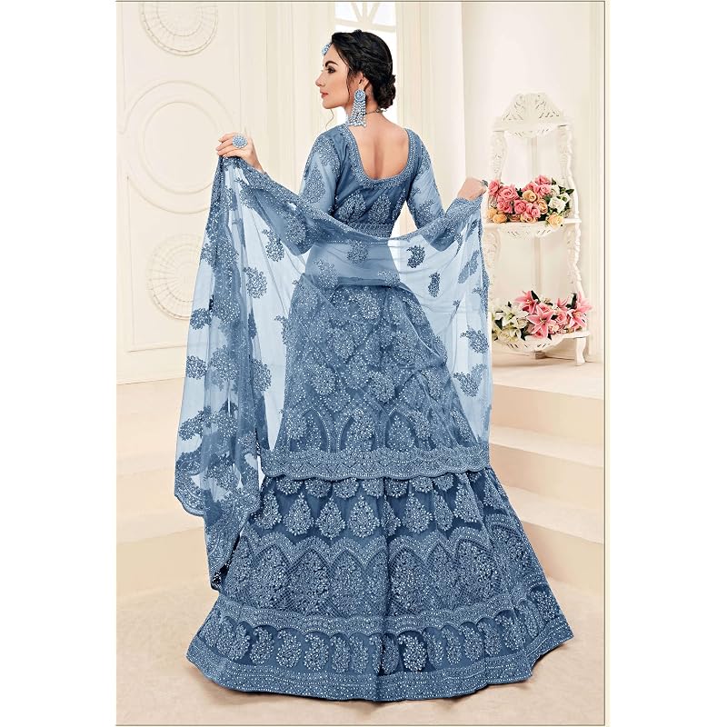 PATLANI Letest Design chain embroderied with Stone Work Woman s Flered Lehenga choli.Aqua Blue (Semi Stitched)