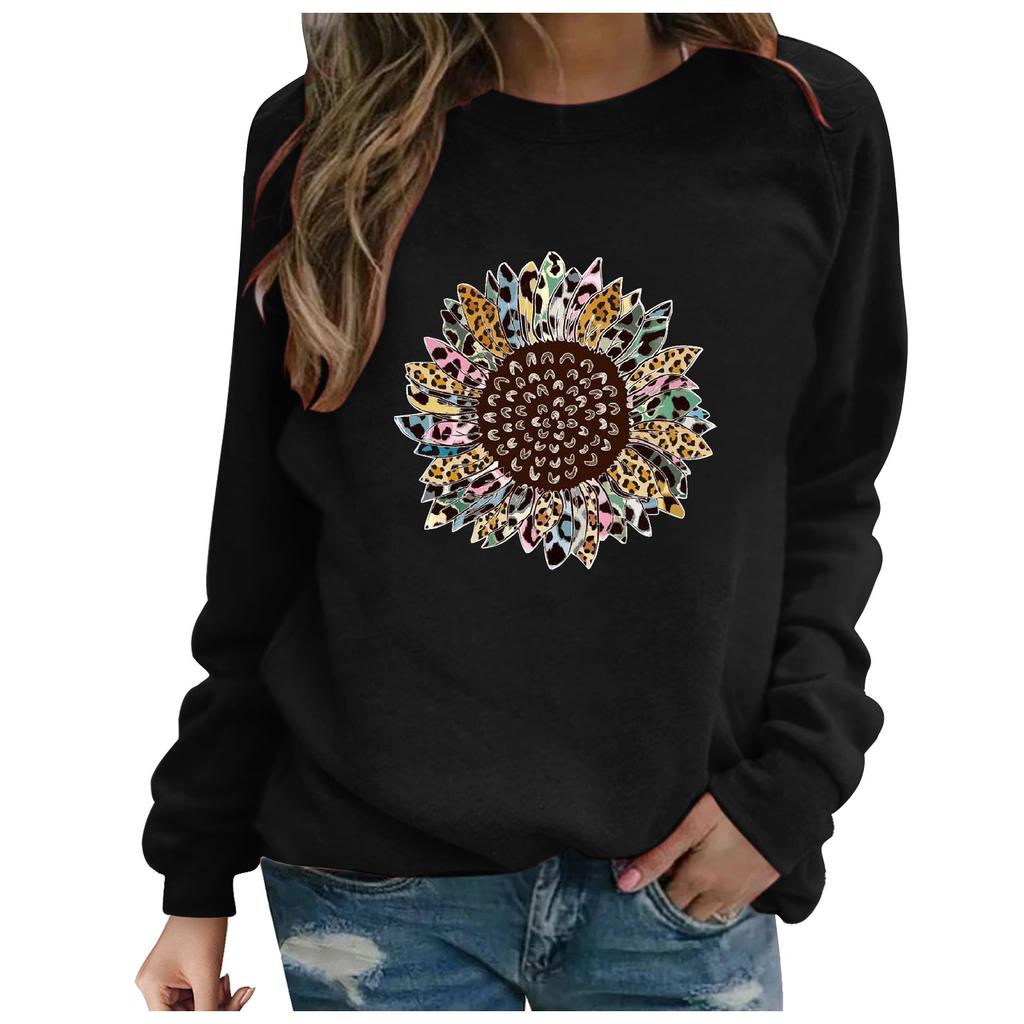 Women's Fashion Casual Print Round Neck Sweater Loose Sports Tops Pullover