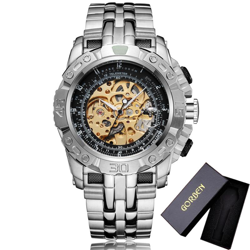 Luxury Silver Gold Automatic Mechanical Watch For Men Full Steel Skeleton Wristwatch Clock Over-sized Big Dial Relogio Masculino