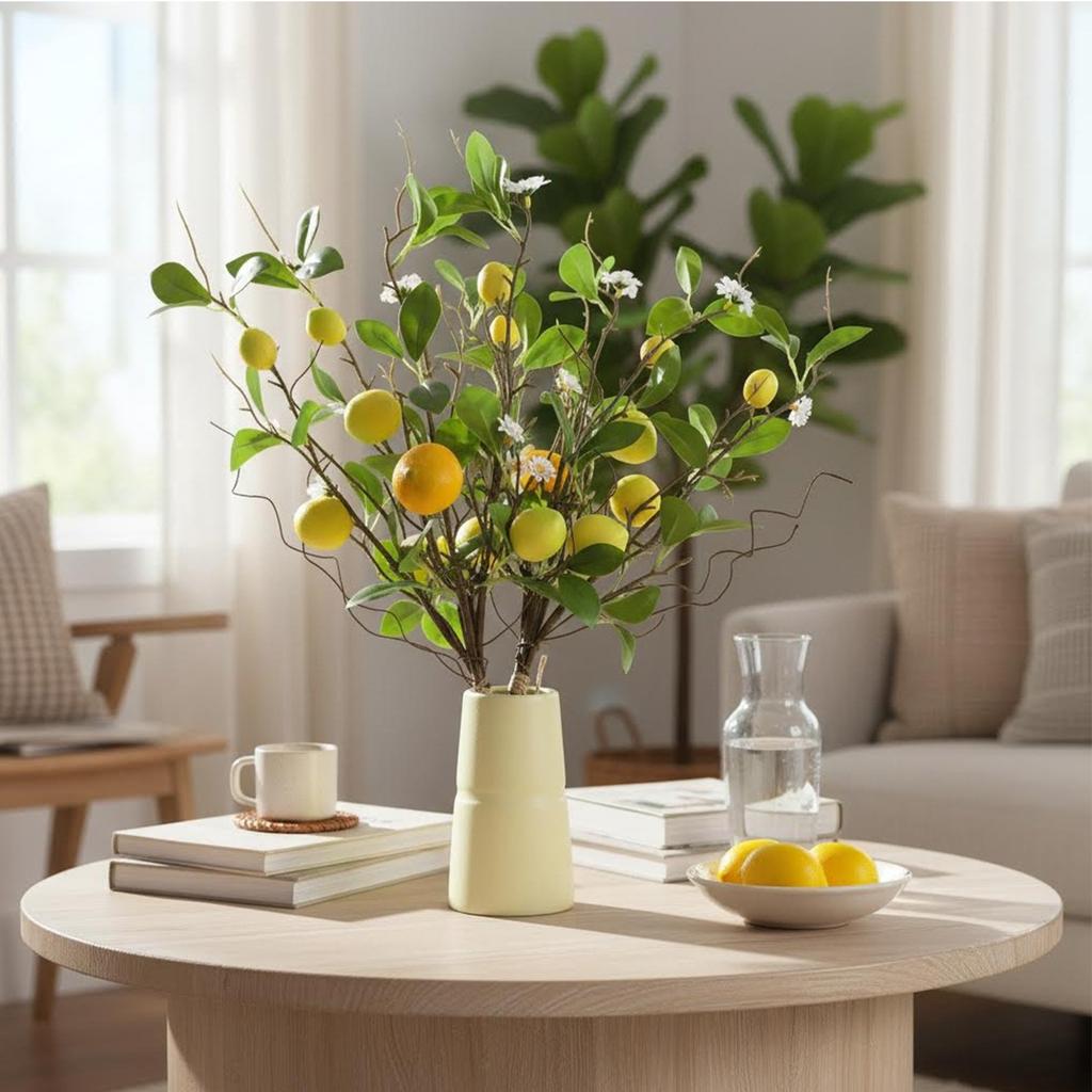 Plastic Lemon and Silk Daisy Arrangement with Iron Stem for Stable Upright Display in Vase or As Standing Decor Element