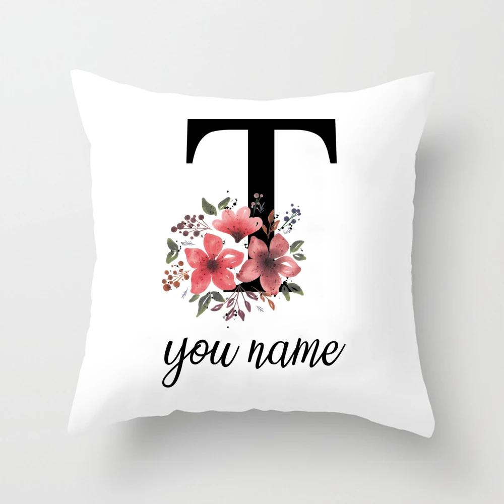 Personalized Name Flower Letter Pillow Case Alphabet Print White Square Pillow Case Dust Cover Bedroom Party Decoration