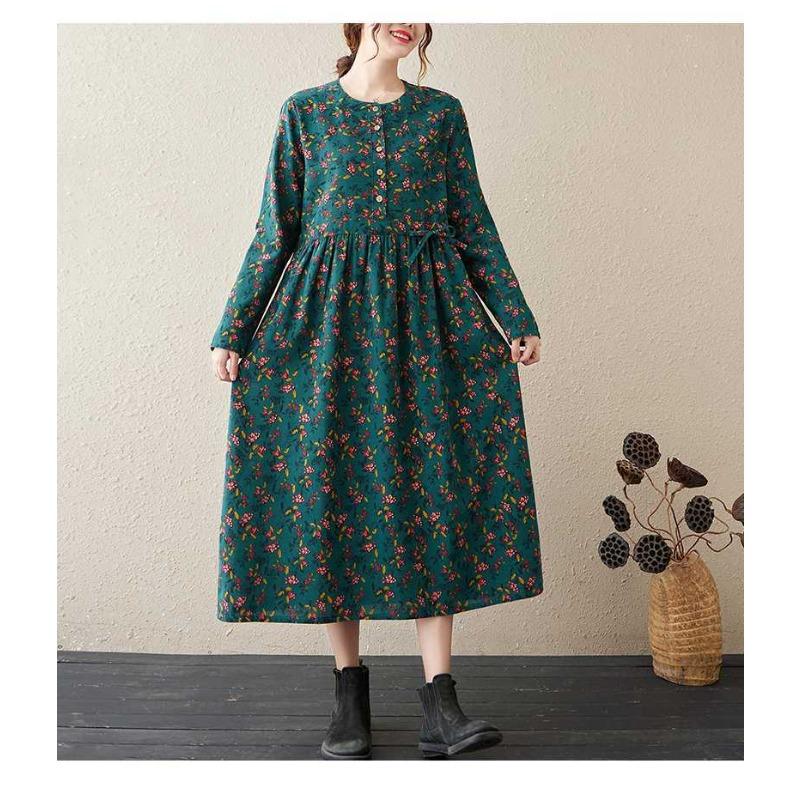 Neues bedrucktes Kleid im Ethno-Stil mit Rundhalsausschnitt und langen Ärmeln, locker