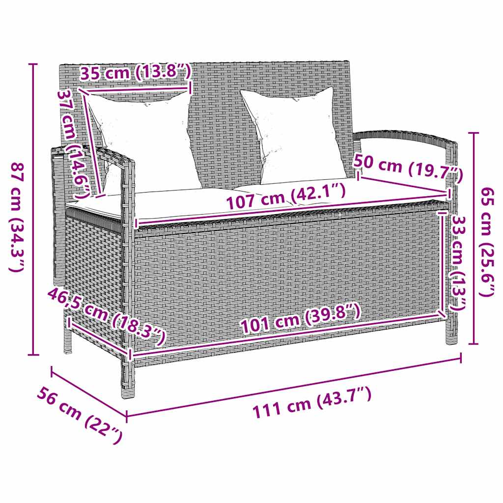 Garden Bench with Storage Space and Cushions Light Grey Poly Rattan