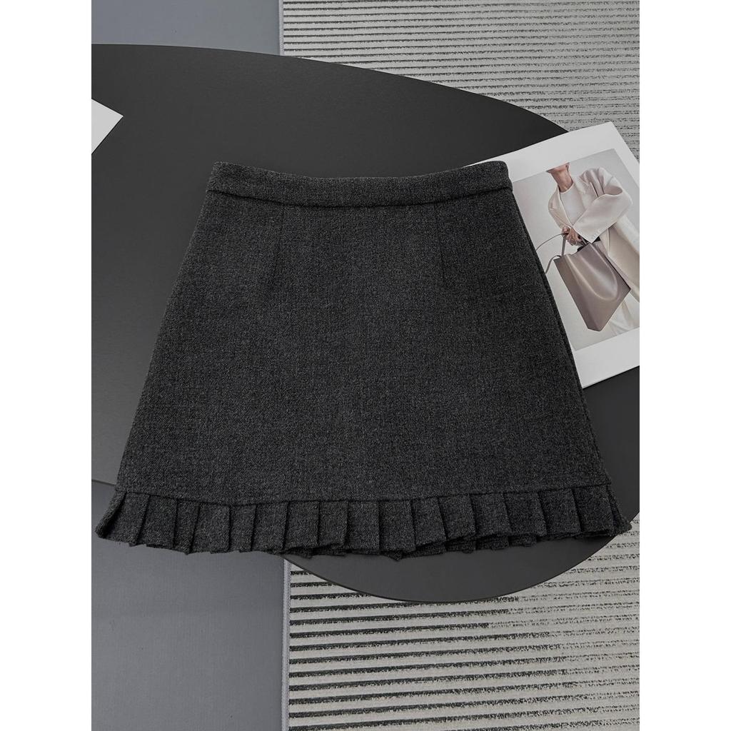 Plus Size Gray Wool Pleated Lace Skirt with Ruffle Hem - High Waist Bodycon for Autumn/Winter