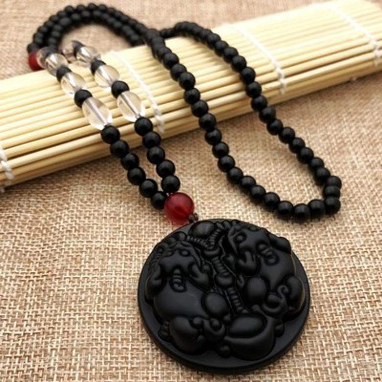 Men's Domineering Pixiu & Dragon Necklace with Guan Yu Pendant - Imitation Obsidian Couples Gift