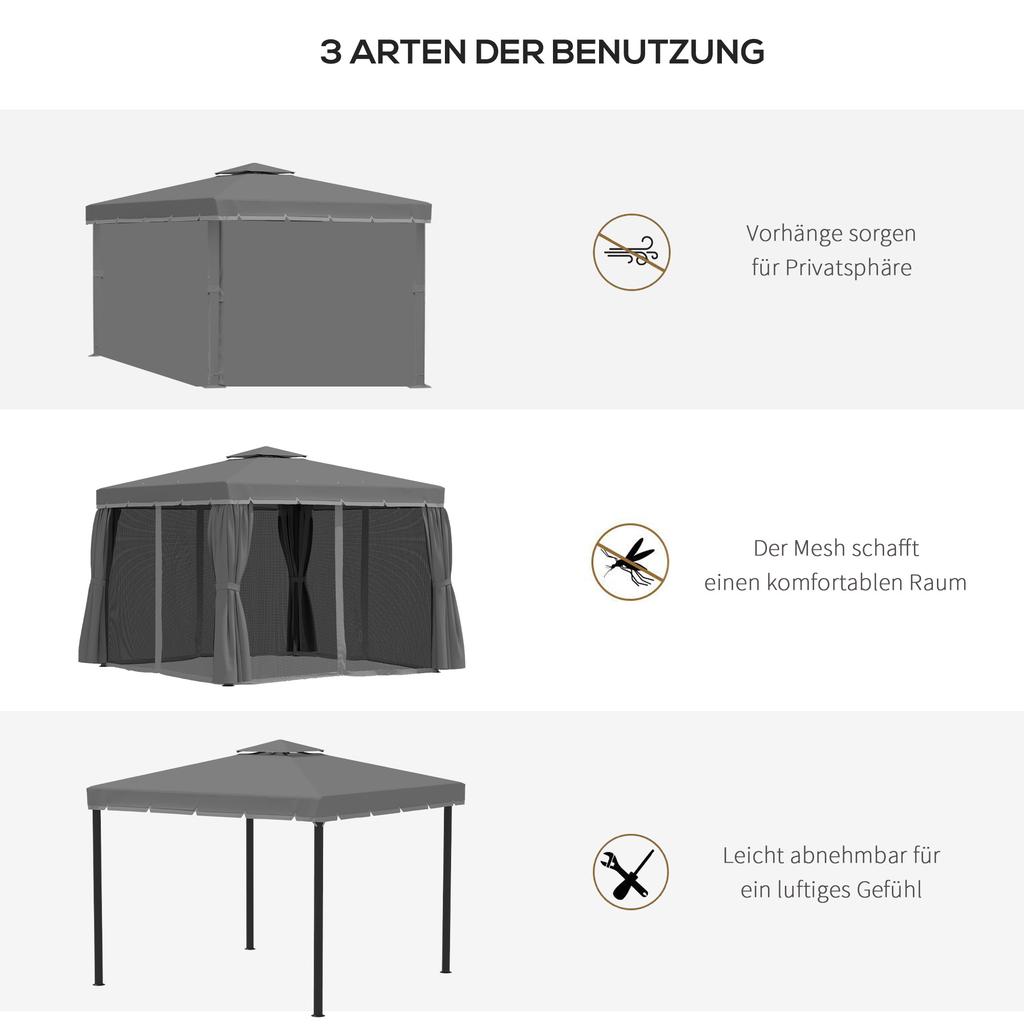 3x3(m) Tettoia Gazebo da Giardino Padiglione Tenda Riparo Tenda da Fiera con Tetto Impermeabile a 2 Livelli, Zanzariera e Tende, Struttura in Alluminio