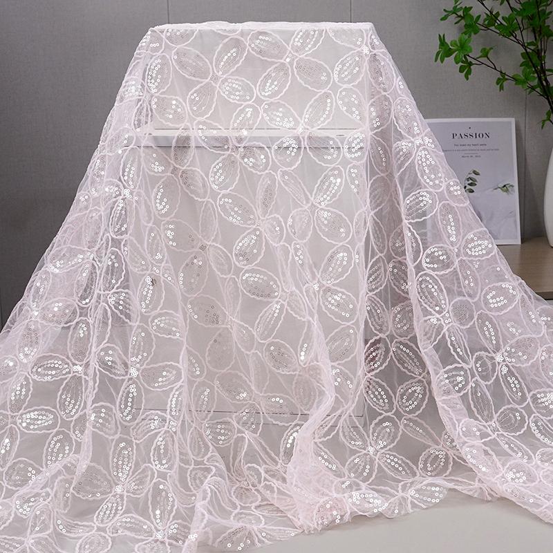 

3D Sequined Large Petals Flower Embroidery Mesh Fabric Lace Gauze Dress Cloth Fashion Bead Fabric Clothing Material 130cm 130cmx1yard