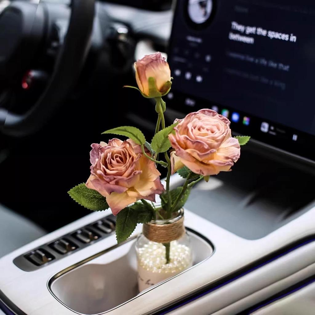 Burnt Edge Rose Imitation Oil Painting for Car Interior Decoration – Cup Holder Floral Ornament