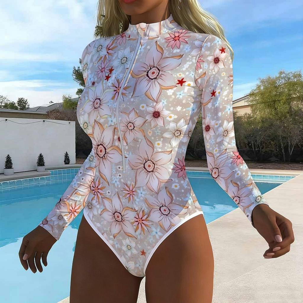 Women Long Sleeve One Piece Swimsuit Zip Front  Rose Flower  Print Rash Guard Surfing Bathing Suit