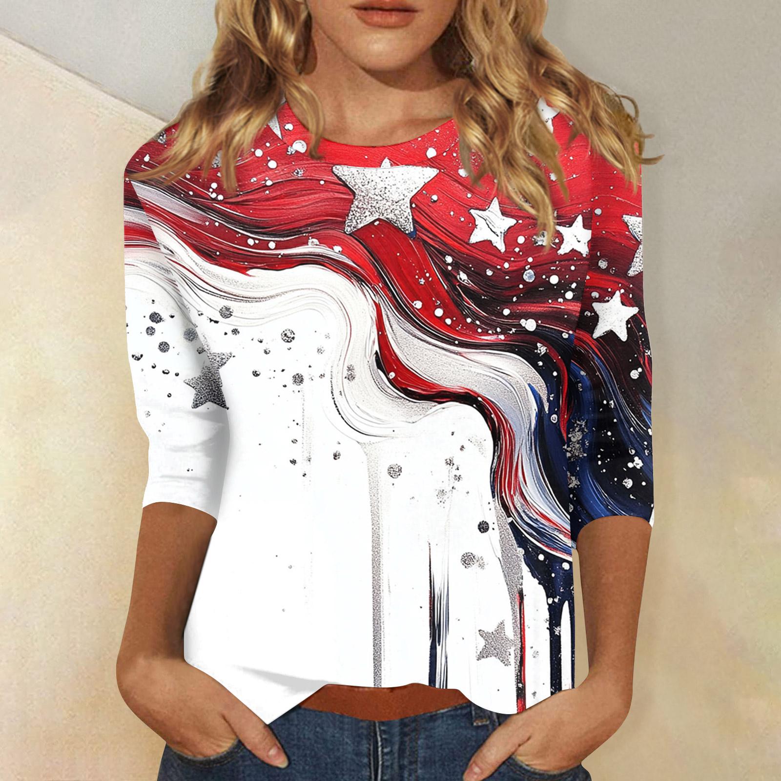 

Women s Tops Three-quarter Sleeve Shirt Round-neck Loose Casual Shirt Print T-shirt L білий