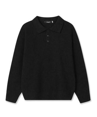 POLYGRAM Soft Wool Blend Collared Knit - Black
