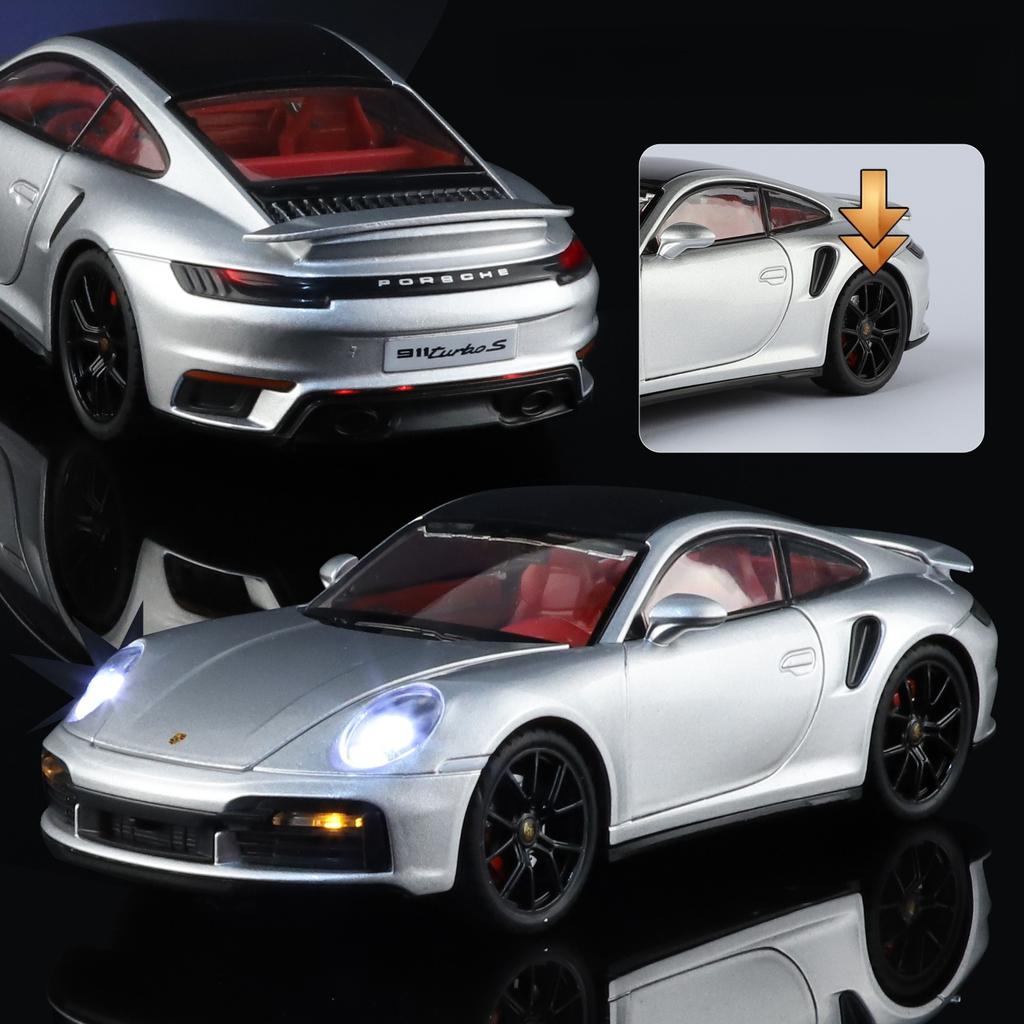 1/24 Porsche 911 Turbo S Diecast Alloy Metal Toy Car Miniature Model Pull Back Sound & Light Doors Openable Collection Gift Boy