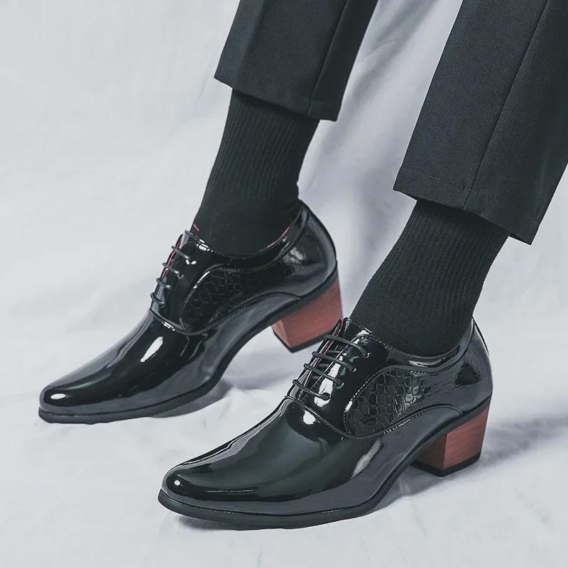 Pantofi cu toc înalt din piele cu vârf ascuțit pentru bărbați - Stil coreean-britanic, Business Casual, Pantofi de nuntă care adaugă înălțime