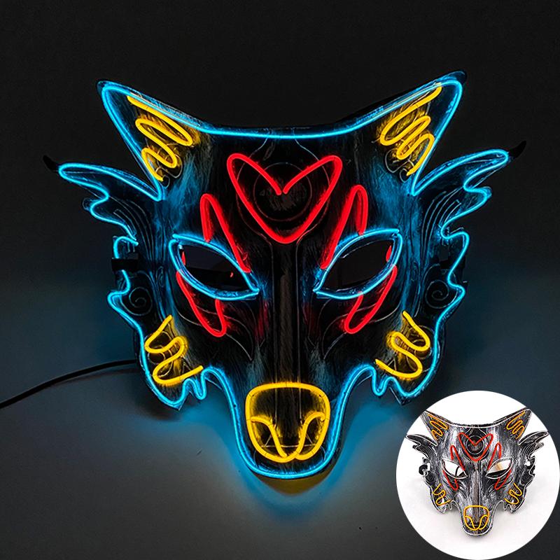 Leuchtende Fuchskostümmaske Leuchtende Tiermasken Wolfsmaske Leuchtendes Halloween Cosplay Kostüm für Mann Frau Nachtclub Party Requisiten