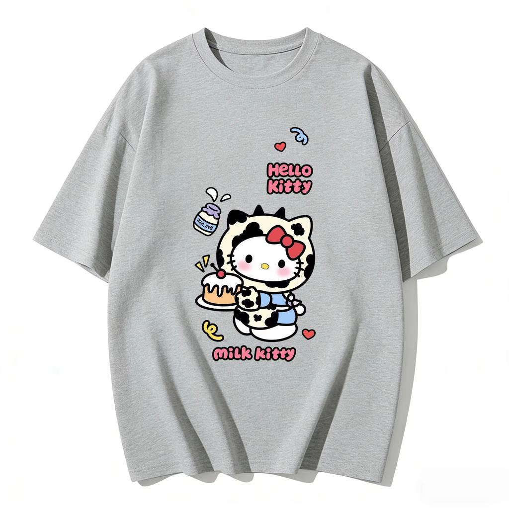 2026 New Summer HelloKitty Cute Graphic Tee Casual Short Sleeve Cotton Top for Women Girls Kawaii Cartoon Print Streetwear