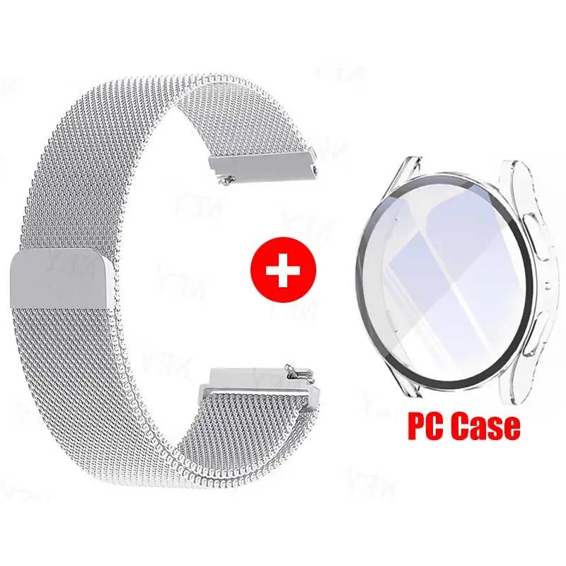 Glass Case+Strap for Samsung Galaxy Watch 7 6 5 4 40mm 44mm Milanese Loop 20MM Band PC Protector Cover Bumper Galaxy Watch 6 5 4