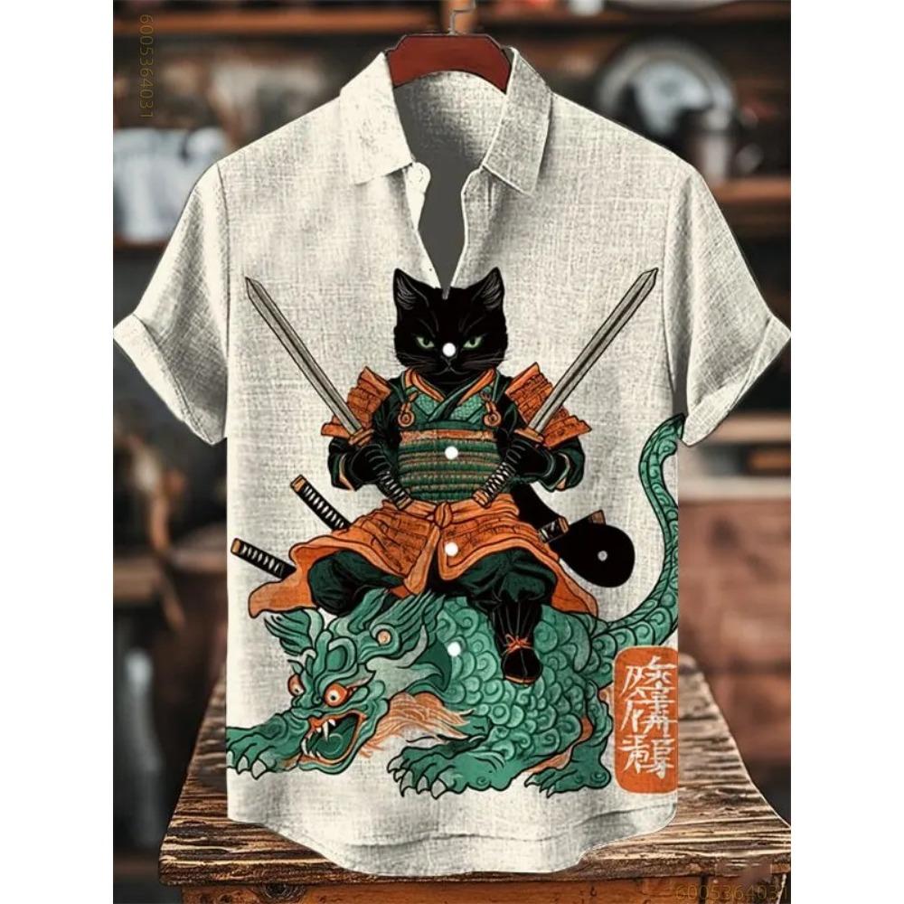 Herren Kurzarmhemd mit Schwarz-Katzen- und Blau-Drachen-Print, Geeignet für Strandurlaube, Partys und Bequemes Tragen.