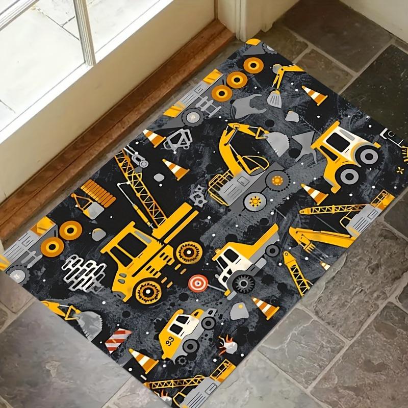 Construction Excavator Theme Area Rug, Aesthetic Yellow Truck Floor Mat for Kids Playroom Bedroom, Washable Decor Carpet