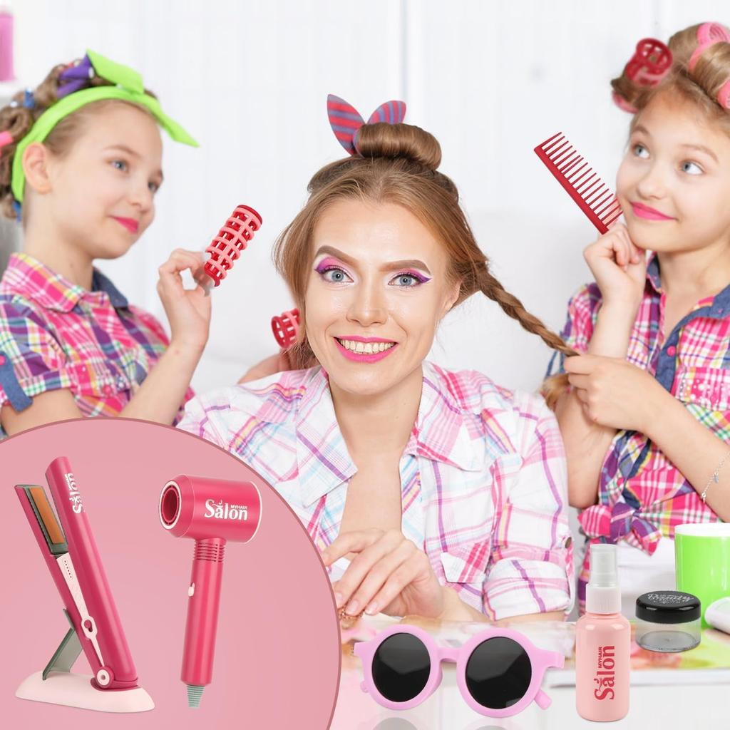 23 Pcs Hair Salon Girls Toys Kids Pretend Play Toys Toddler Dress Up Beauty Salon Set Stylist Kit with Hairdryer Flat Apron Scissors Curling