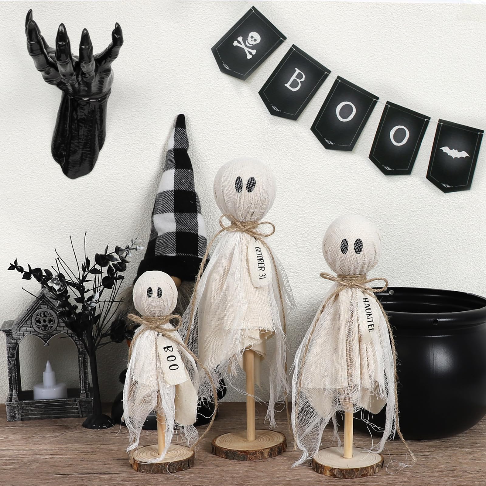 

3PCS Primitive Halloween Ghost Decor on Wooden Stand - Spooky Table Centerpiece for Shelves, Mantels, Indoor Halloween Decor бежевий