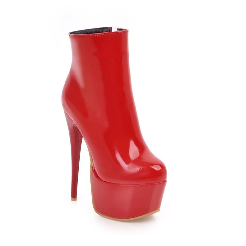 Røde ankelstøvletter for kvinner plattform sexy lakkskinn høye hæler korte dansestøvletter dame vinterfest fetishsko stor størrelse