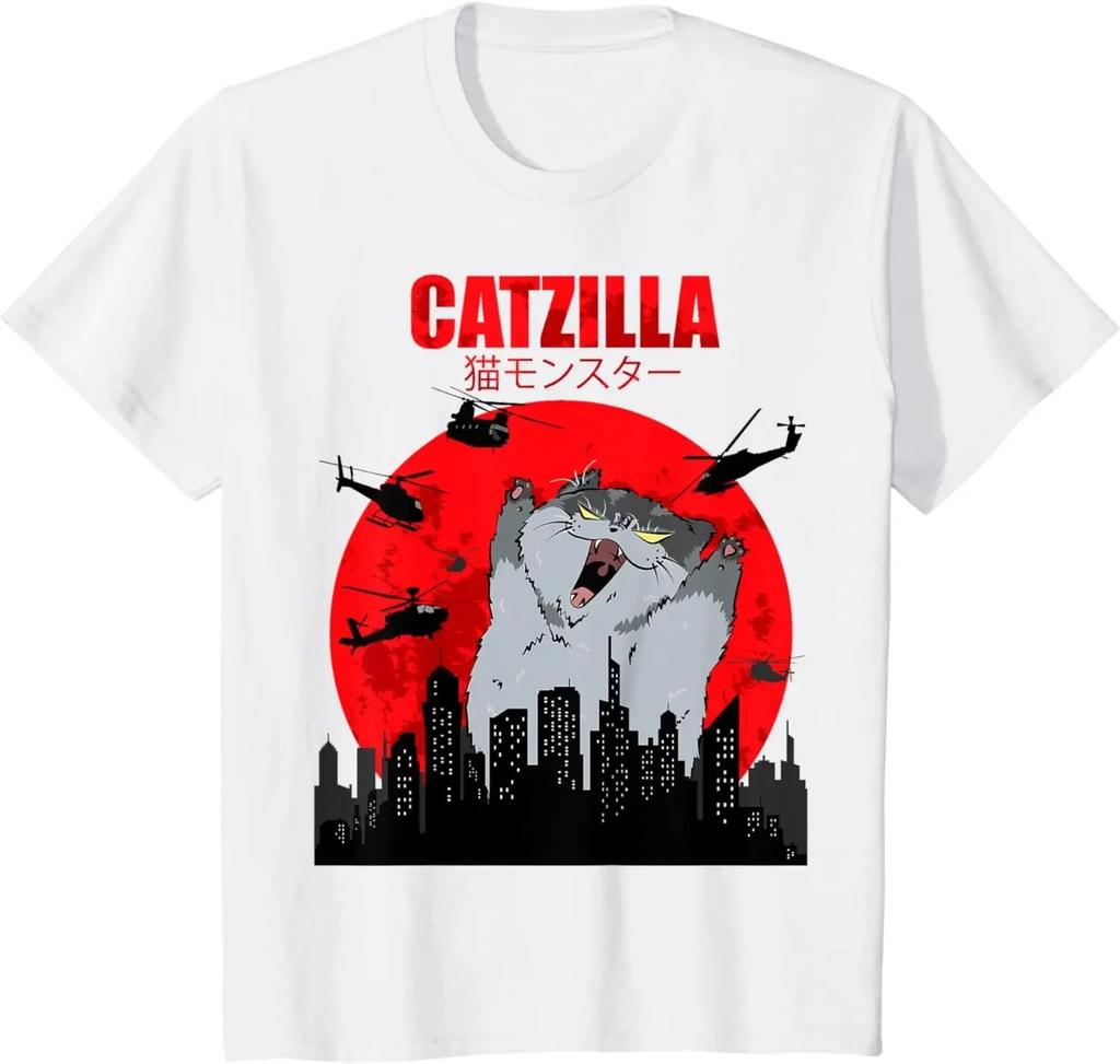 Funny Cute Art Japanese Cat Graphic for Cat Lover Catzilla T-Shirt Graphic T Shirts Women's Clothing Fashion