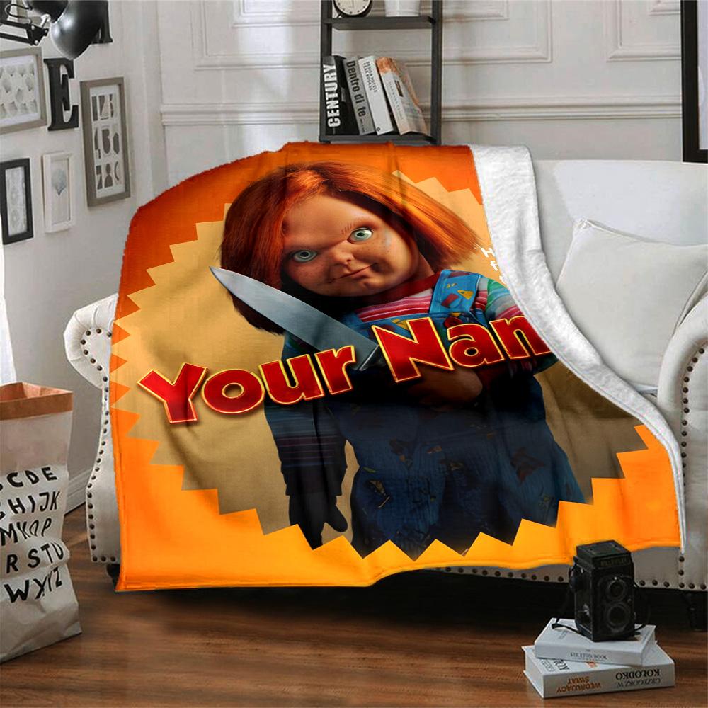 1pc Chucky Blanket with Custom Name, Gift, for Men and Women, Soft Blanket, Good for Sofa Bed Couch Travel, Lightweight Flannel Blanket