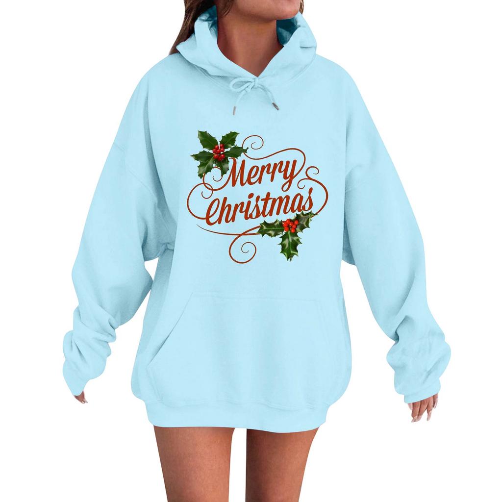Women's Fashion Casual Long Sleeve Loose Christmas Print Hooded Sweatshirt