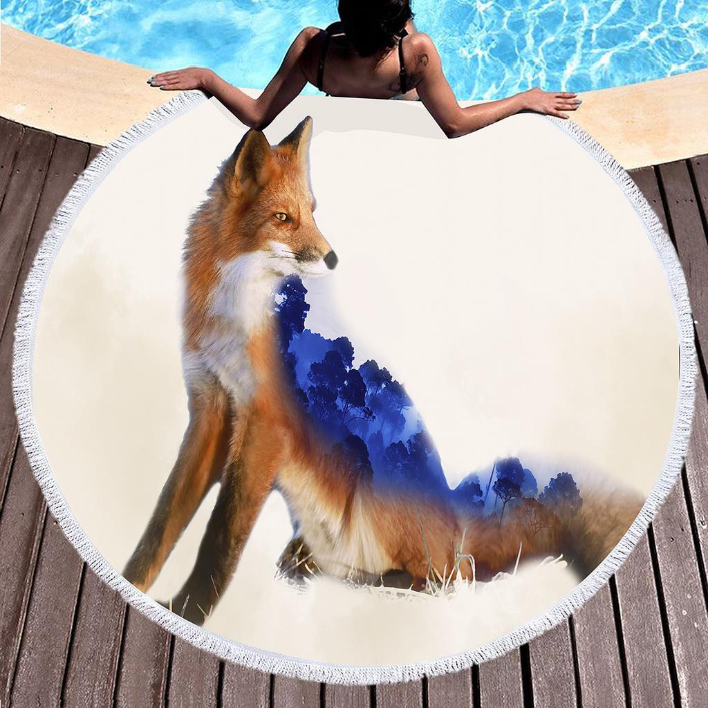Fox Round Beach Towel, Jungle Wild Animal Beach Blanket,Rustic Farmhouse Woodland Fox Absorbent Quick Dry Pool Towel Picnic Mat
