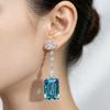 925 Silver Plated New Emerald Cut Blue Cubic Zirconia Long Drop Earrings - Floral Top Diamond Dangle Earrings for Wedding Banque