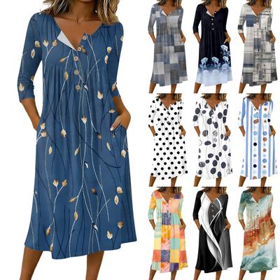 Women's Fashionable Color Printed Round Neck 3/4 Sleeve Button Collar Mid Length Casual Dress