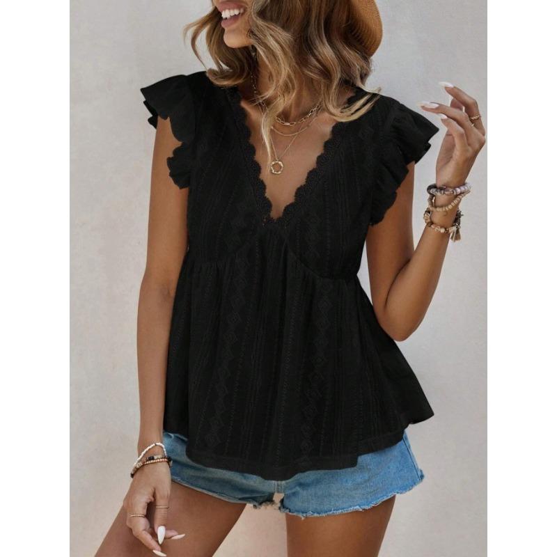 V Neck Lace Short Sleeve Hollow Out Sweet Blouse Women Fashion Summer Solid Color Shirts Ladies Loose Slim Fit Tops Elegant Clothing