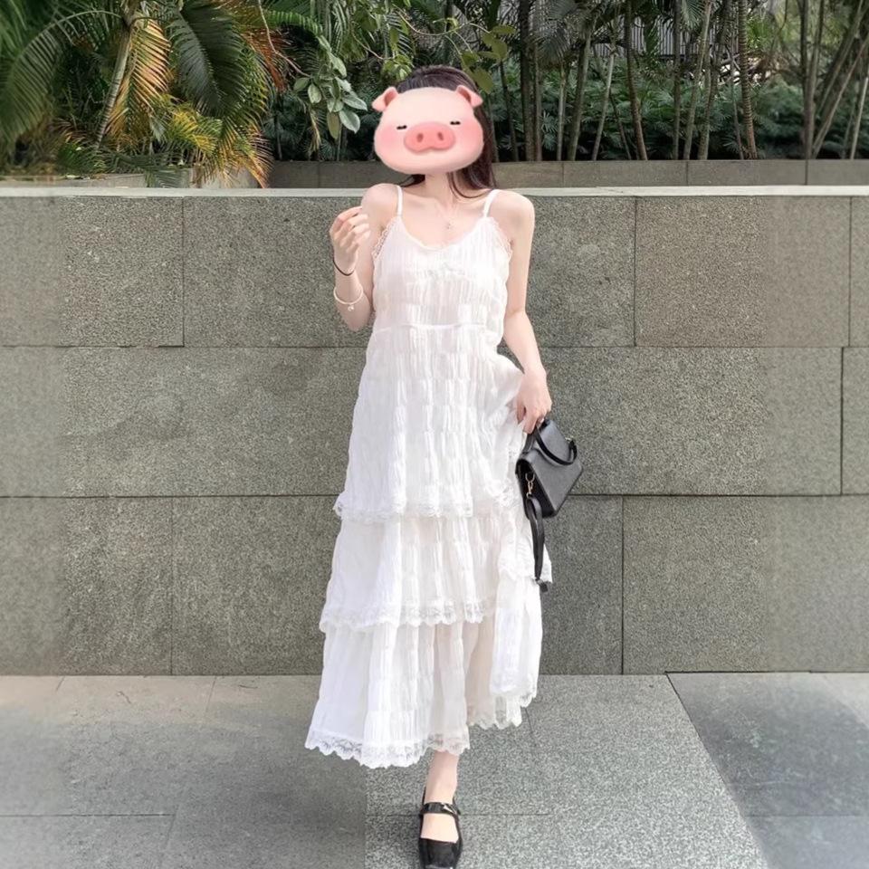Women's Summer French White V-neck Lace Trim Camisole Dress