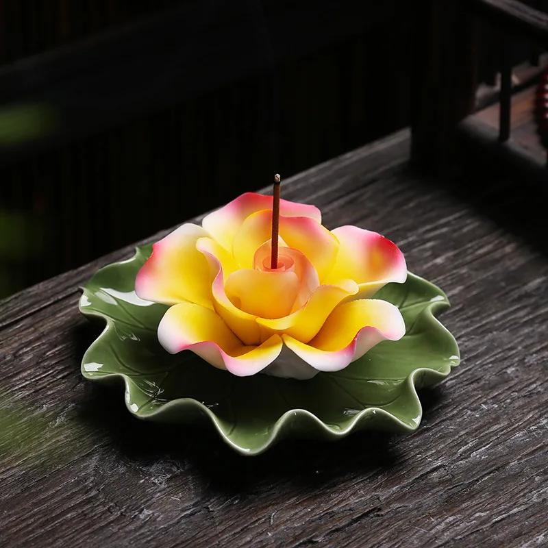 Y Handmade Large Lotus Flower Incense Burner Multi-Color Line Incense Holder Tea Room Office Home Decoration Buddha Home Decor