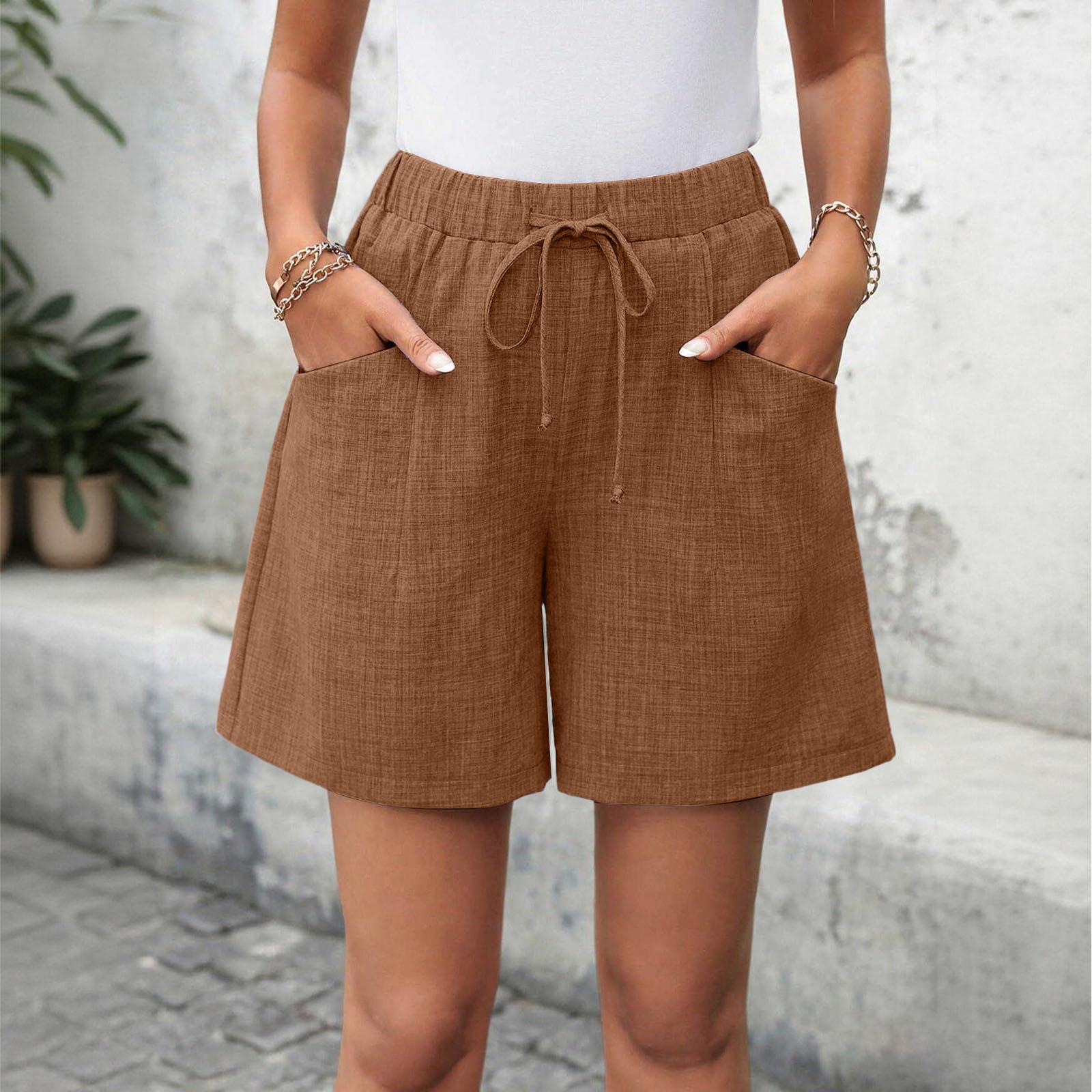

Women s Casual Linen Shorts Elastic Waisted Drawstring Summer Shorts With Pockets S коричневый