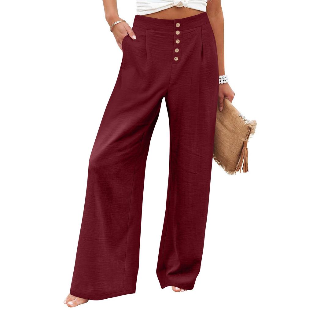 Široké kalhoty pro ženy Jednobarevné kalhoty s vysokým pasem, kalhoty na cvičení s knoflíky a kapsami