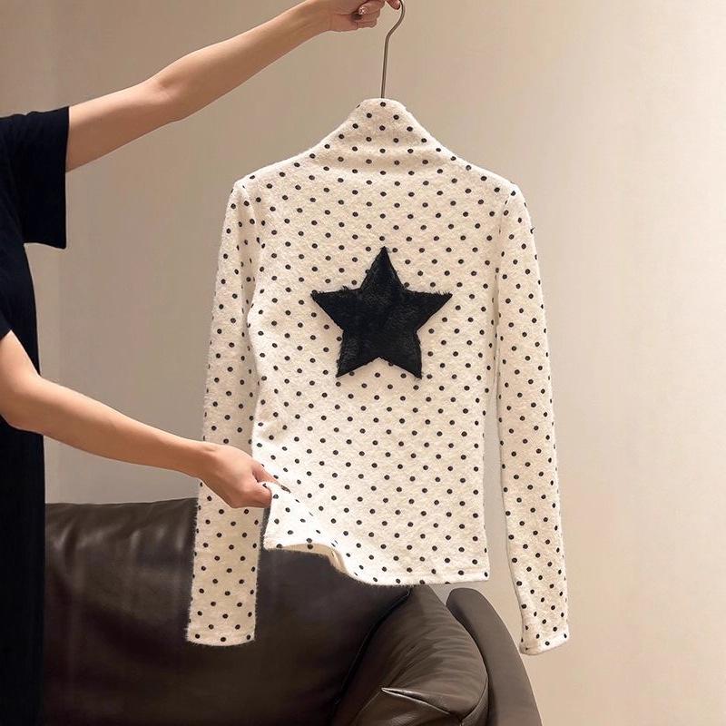 

Women s White Polka Dot & Star Plush Long-Sleeve Semi-High Collar Thick Base Layer Shirt S білий