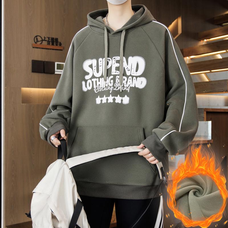 Teenager Plus Velvet Sweatshirt Boy Heavy Hooded Thick Top Big Children Versatile Loose Casual Jacket