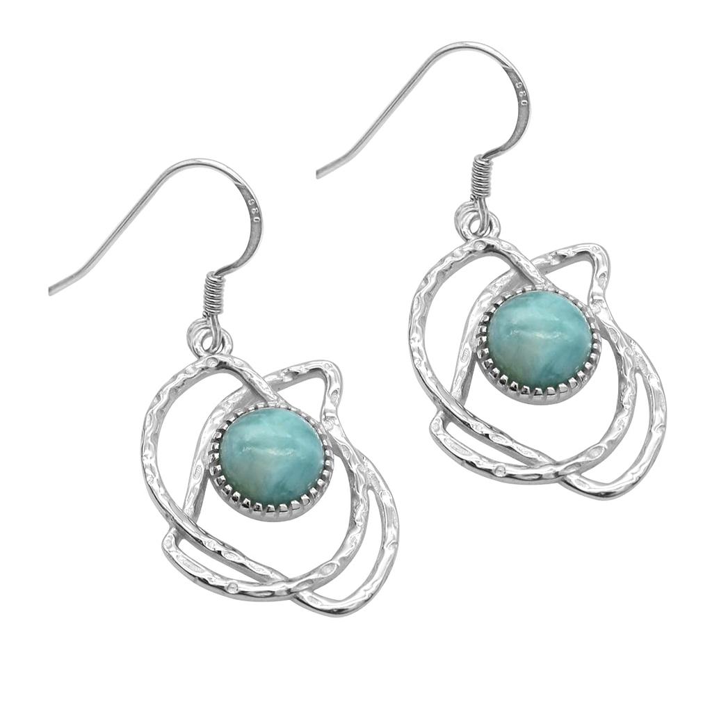 Round Shaped Natural Larimar (5.04 Cts) Solid 925 Sterling Silver Gemstone Dangling Earrings Jewelry For Women or Girls