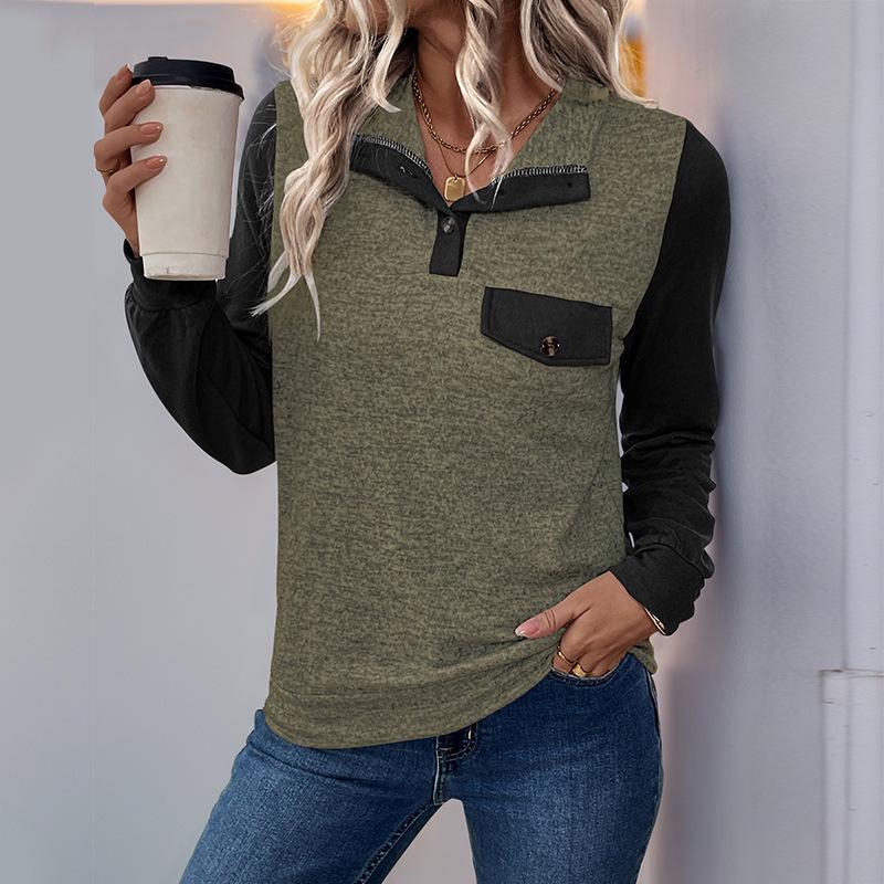 European and American Color Block Patchwork Zipper Hoodie: Women's Autumn/Winter Casual Versatile Pullover with Lapel.